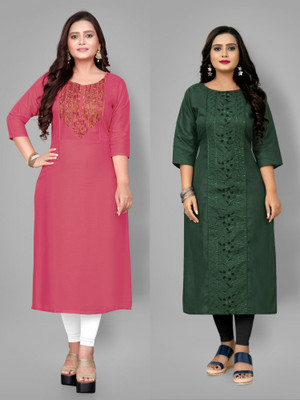 Fabriza Women Embroidered A-line Kurta(Pink, Green)