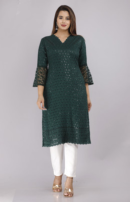 ALMADAD Women Chikan Embroidery Straight Kurta(Dark Green)