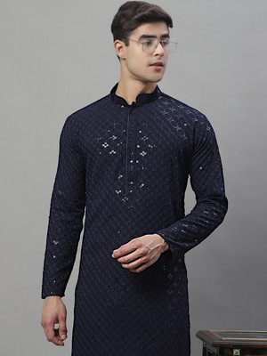 Jompers Men Embellished Straight Kurta(Dark Blue)