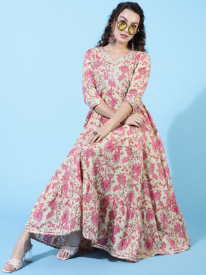 KIMAYRA Women Printed Flared Kurta(Yellow)