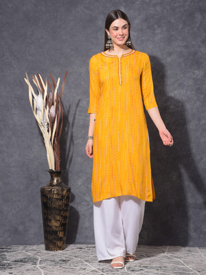 Mamoose Women Self Design Straight Kurta(Yellow, White, Red)