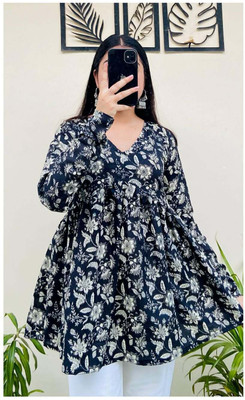 New RJP Craft Women Floral Print Flared Kurta(Black)