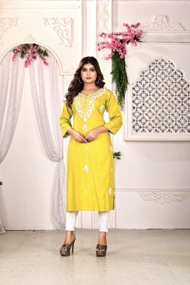 GOKUL TRENDZ Women Chikan Embroidery Straight Kurta(Yellow)