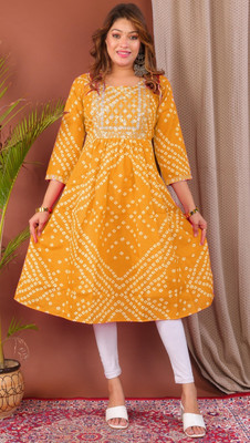 Parth f Women Printed A-line Kurta(Yellow)