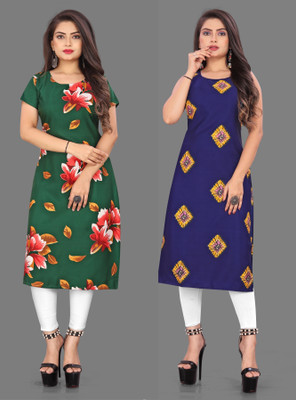 Hiral Creation Women Floral Print Straight Kurta(Green, Blue)