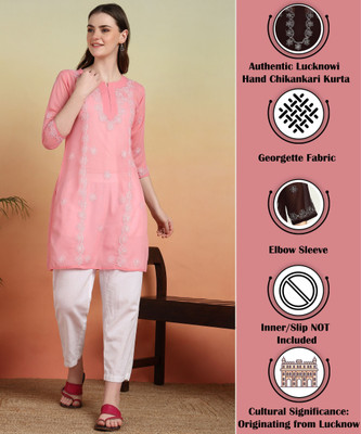 VAHSON Women Chikan Embroidery, Embroidered, Self Design Straight Kurta(Pink)