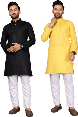 ANAND Men Solid, Self Design A-line Kurta(Black, Yellow)