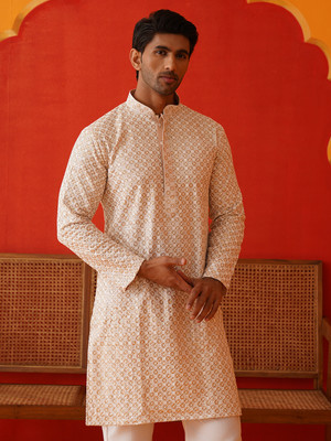 Jompers Men Embroidered Straight Kurta(Beige)