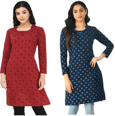 Indeweaves Women Floral Print A-line Kurta(Light Blue, Maroon)