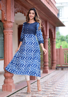 Yash Gallery Women Printed A-line Kurta(Blue)