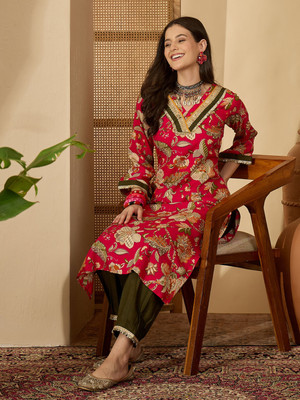 Youthnic Women Floral Print A-line Kurta(Pink)
