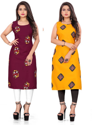Hiral Creation Women Printed Straight Kurta(Maroon, Yellow)