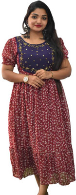 Santha traders Women Embroidered A-line Kurta(Maroon)