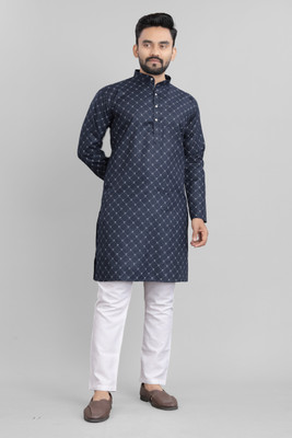 SPOQUE Men Printed Straight Kurta(Dark Blue)