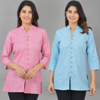 QuaClo Women Woven Design Frontslit Kurta(Pink, Light Blue)