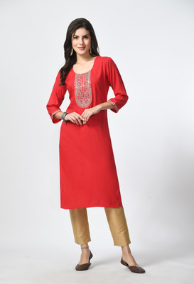 MAURYA Women Printed Straight Kurta(Red)