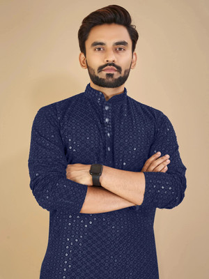 MENSKURTA Men Embellished Straight Kurta(Green)