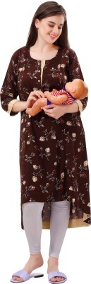 Lovira Women Floral Print High Low Kurta(Brown)