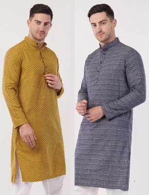 Zargnut Attire Men Printed Straight Kurta(Yellow, Blue)