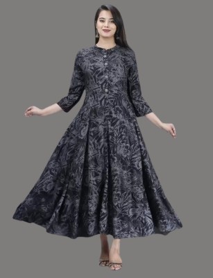 AnviTextile Women Printed Gown Kurta(Black)