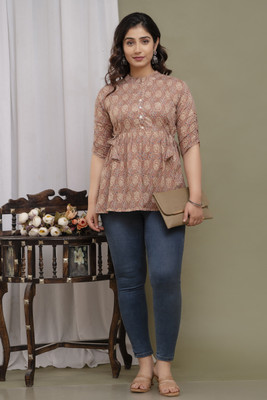 STEP QUEEN Casual Floral Print Women Beige Top