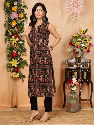 colouers for life Women Printed Straight Kurta(Black)