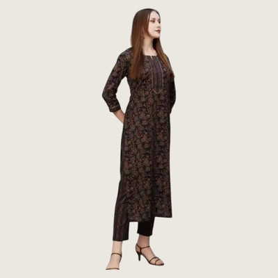 HouseOfCommon Women Printed Straight Kurta(Brown)