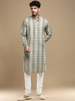 ANOUK Men Geometric Print Straight Kurta(Grey)