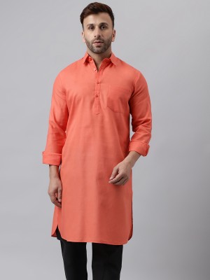 Hangup Men Woven Design A-line Kurta(Orange)