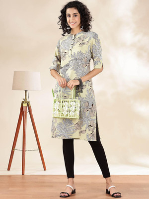 ANOUK Women Floral Print Straight Kurta(Green)