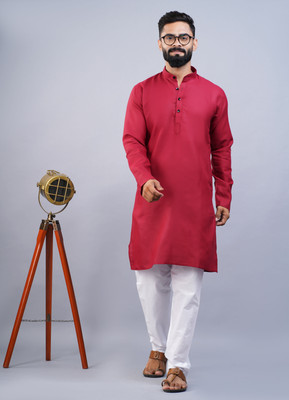 LYPLO Men Solid Straight Kurta(Maroon)