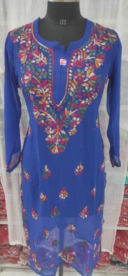 NACOLLECTION Women Chikan Embroidery Straight Kurta(Blue)