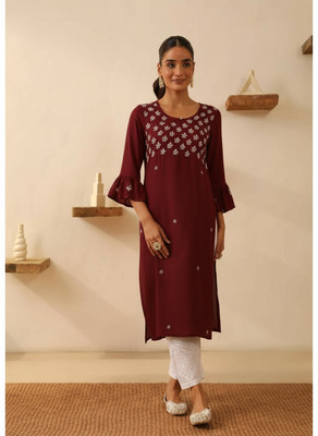 PRITITEX Women Chikan Embroidery A-line Kurta(Purple)