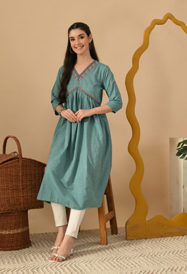 VELVET VIBE Women Polka Print Flared Kurta(Green)