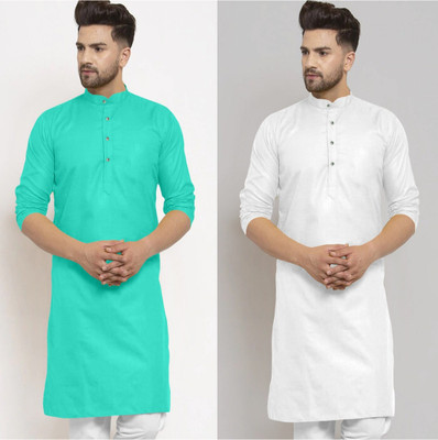 JENZEE Fashion Men Solid Straight Kurta(Green, White)