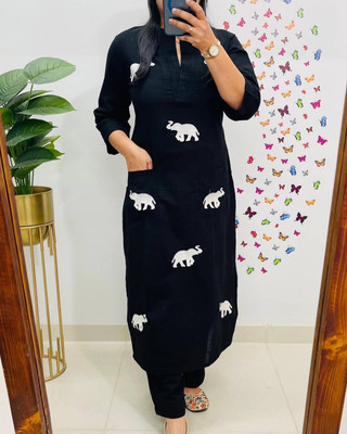 SHRUTIFASHION Women Embroidered Straight Kurta(Black)