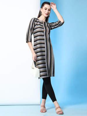 Glomee Women Striped A-line Kurta(Black, Brown, Grey)
