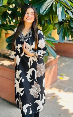 AnekRoop Women Printed Straight Kurta(Black)
