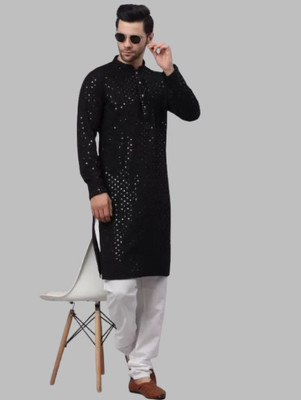 Shree Dutt Creation Men Embellished Straight Kurta(Black)