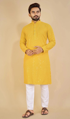 ORIFAB Men Embroidered Straight Kurta(Yellow)