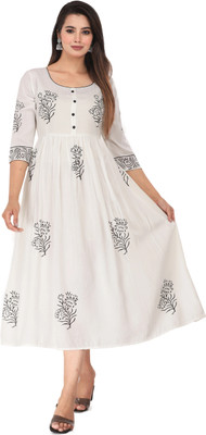 Priyshi Designing Women Printed, Block Print Flared Kurta(White)