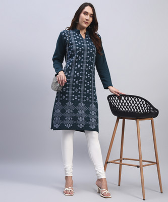 DECANTER Women Woven Design Straight Kurta(Blue)