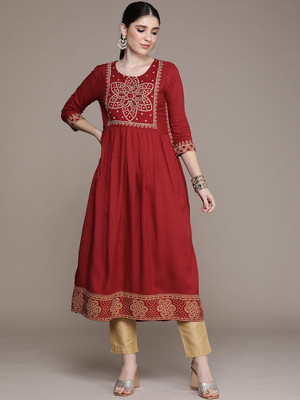 ANOUK Women Floral Print A-line Kurta(Red)
