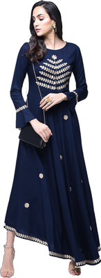 YOUTHQUAKE Women Embroidered Flared Kurta(Dark Blue)