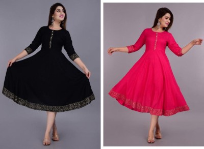 YESLY Women Solid Anarkali Kurta(Black, Pink)