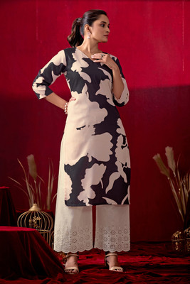 KALEE Women Floral Print Straight Kurta(Black, Beige)