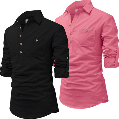 UNIFAV Men Solid Straight Kurta(Black, Pink)