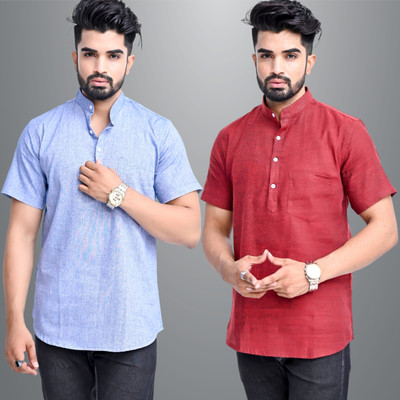 QuaClo Men Solid Straight Kurta(Maroon, Light Blue)