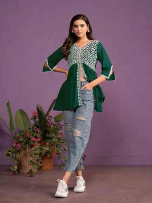 Anmi Chikan Embroidery Women A-line Kurta(Dark Green)