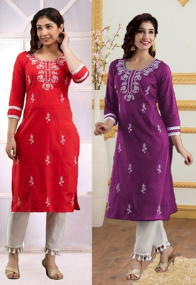 SISTO Women Embroidered Straight Kurta(Multicolor)
